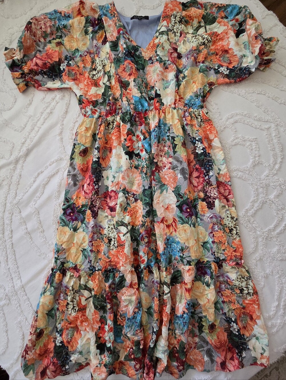 Calessa Floral Tiered Midi Dress XL Extra Large V-Neck Ruffle Puff Sleeve Boho